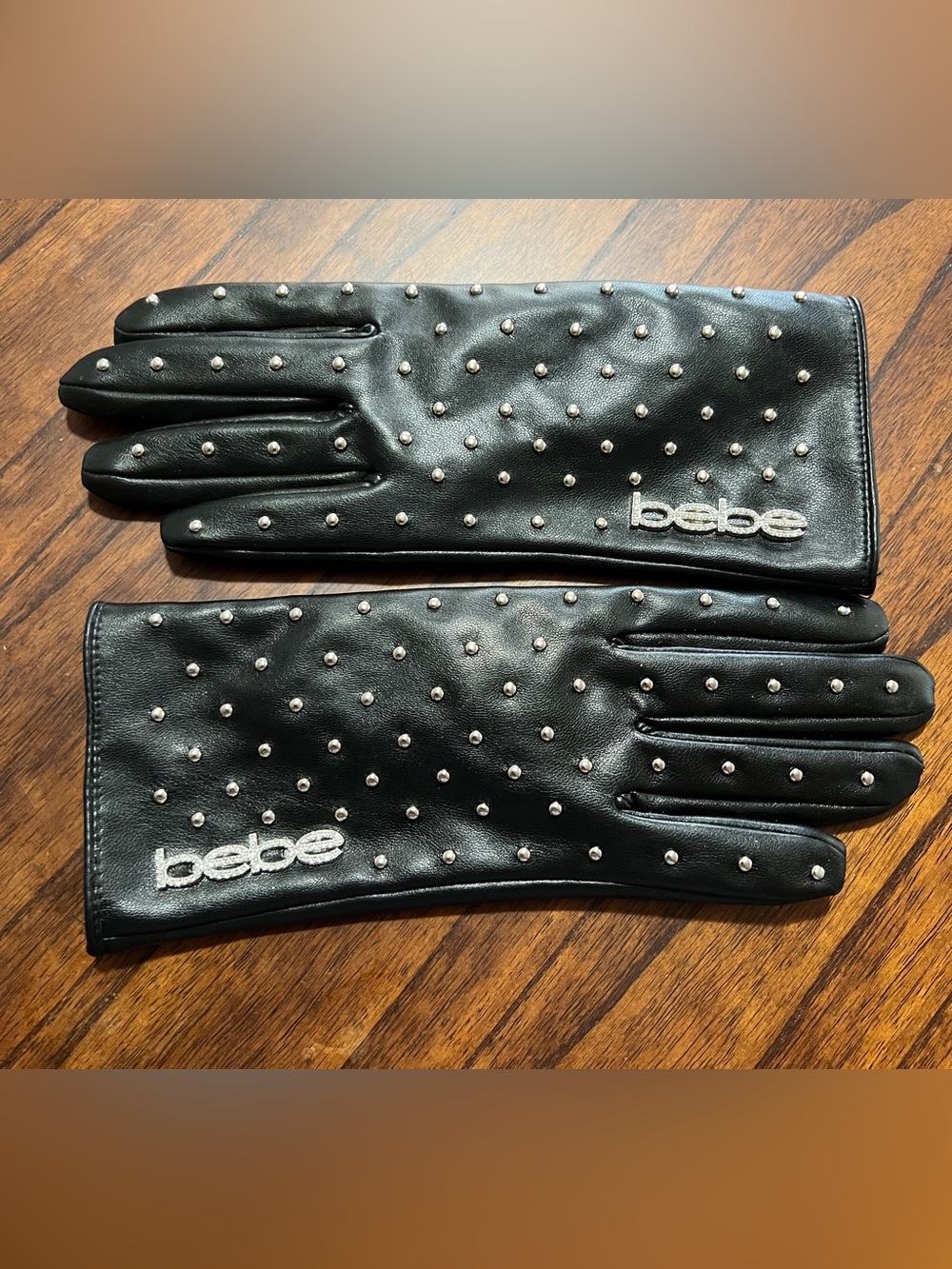 bebe Black Faux Leather Silver Studded Gloves with Silver Logo Size S/M